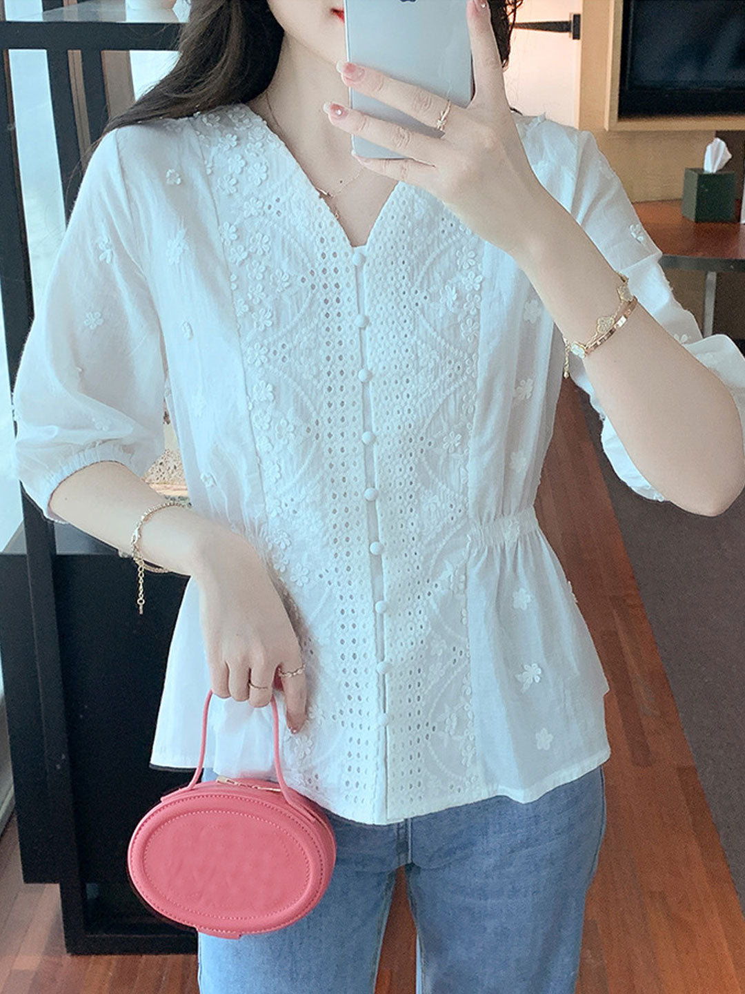 Mariah Retro V-Neck Embroidered Chiffon Top