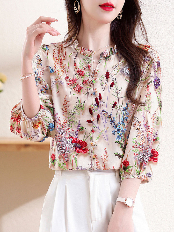 Sophia Retro Ruffle Collar Lantern Sleeve Floral Printed Top