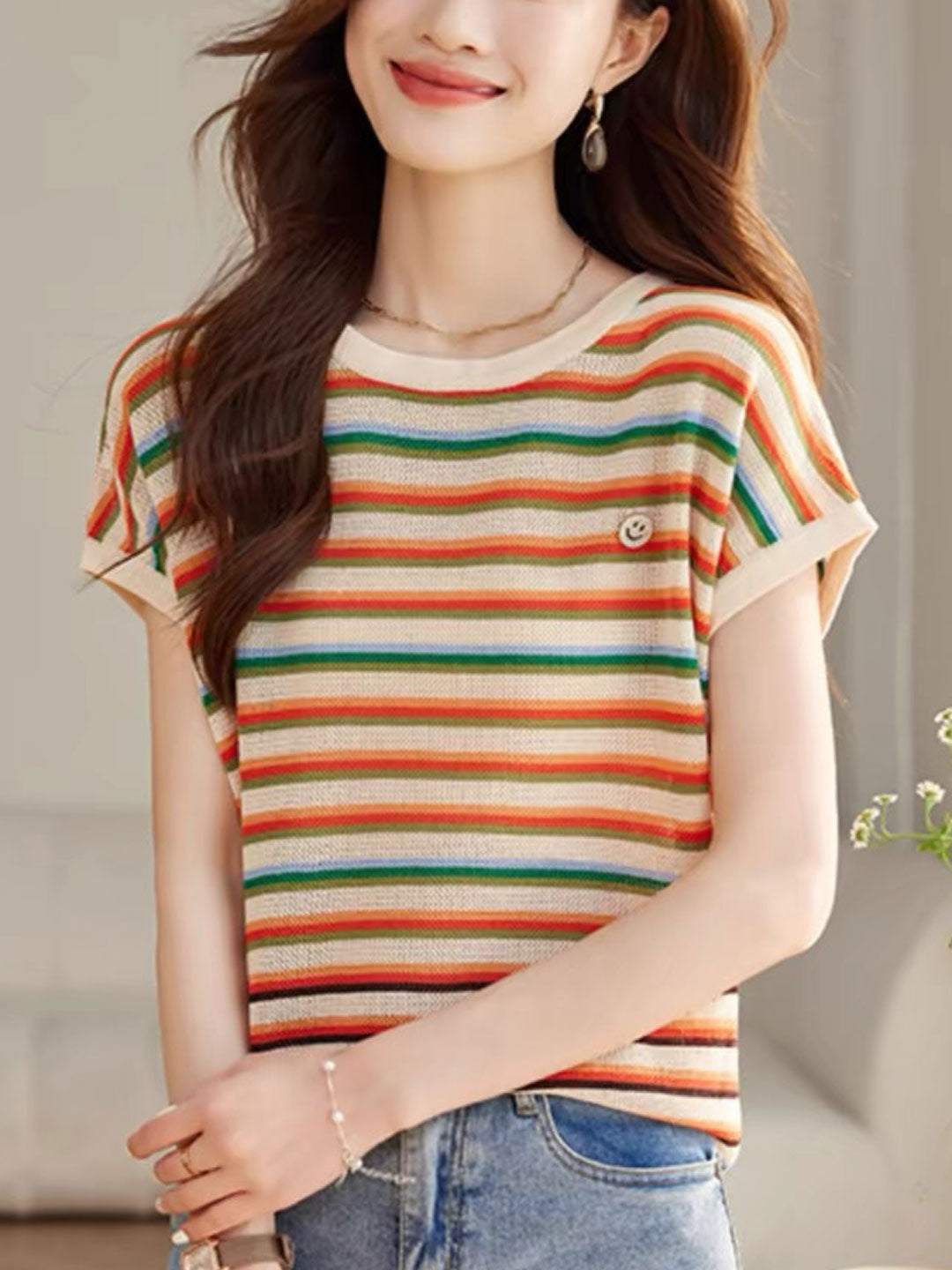 Olivia Loose Hollowed Colored Striped Top