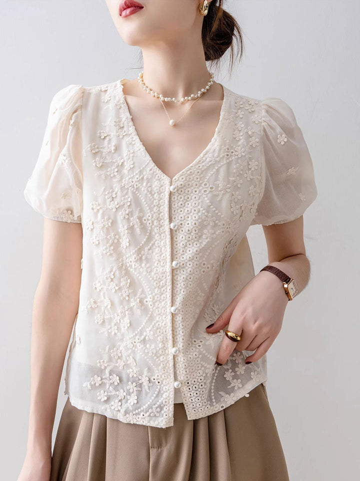 Hailey Classic V-Neck Puff Sleeve Lace Chiffon Top