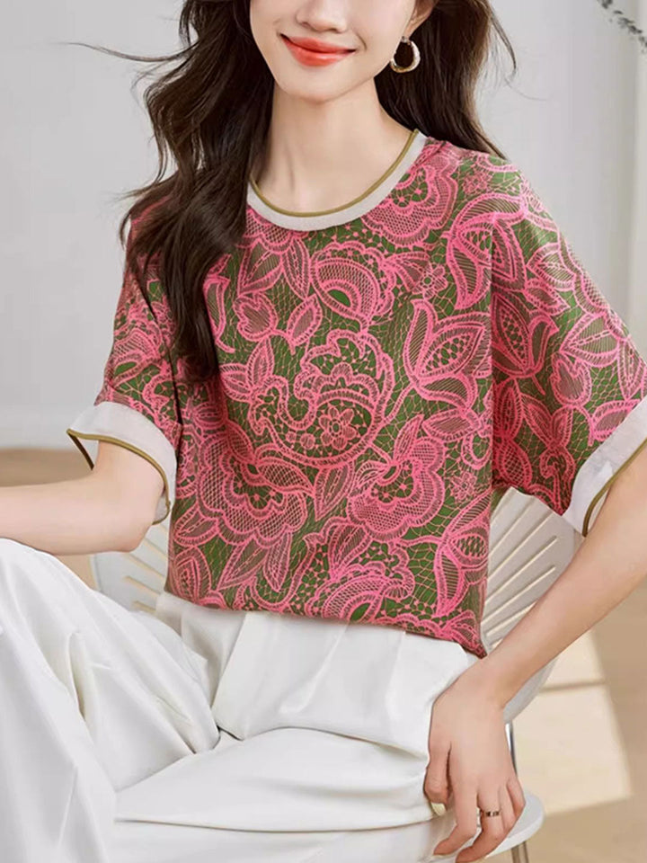 Aubrey Loose Crew Neck Floral Chiffon Top