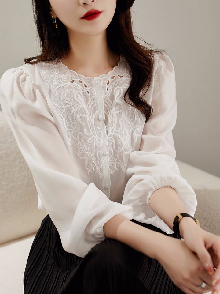 Jocelyn Elegant Embroidered Lantern Sleeve Shirt-Purple