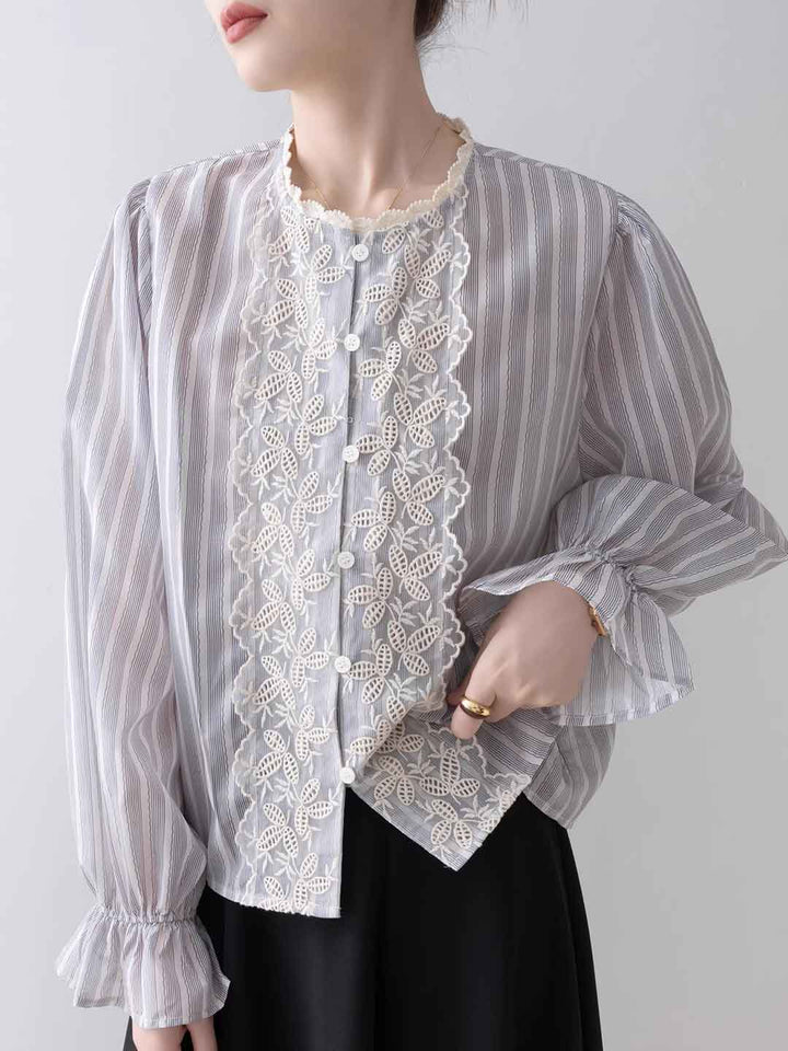 Jessica Vintage Mesh Embroidered Striped Lace Shirt