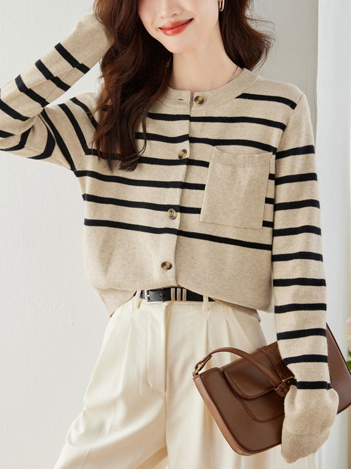 Eva Classic Crew Neck Striped Knitted Cardigan