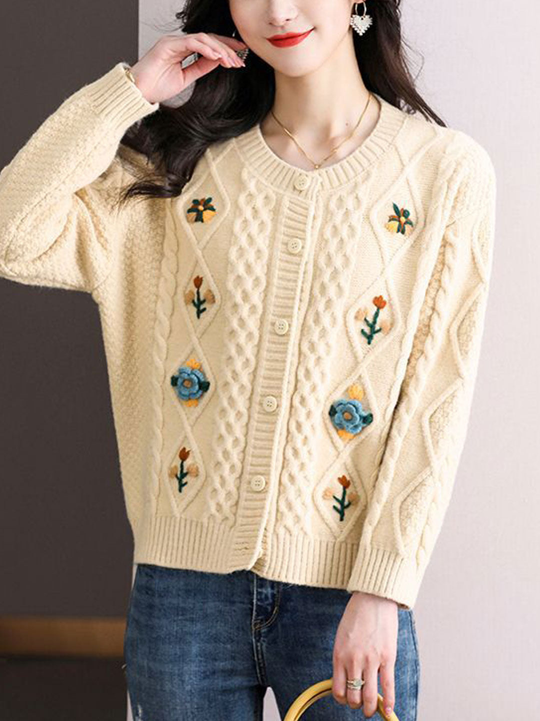 Jocelyn Retro Crew Neck Embroidered Knitted Cardigan