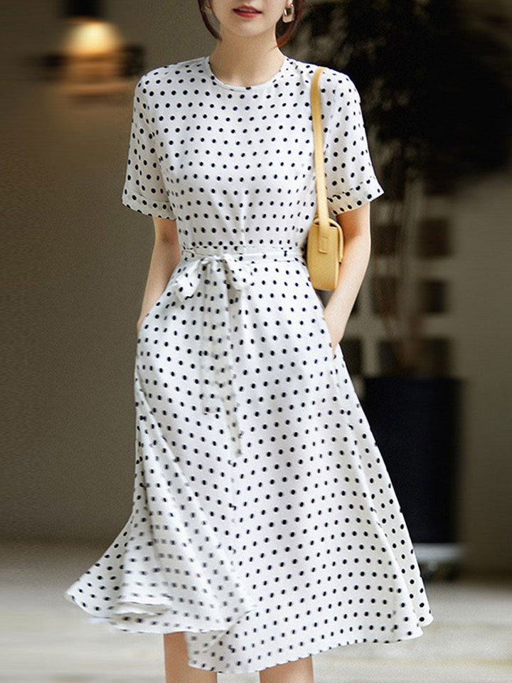 Chloe Elegant Crew Neck Tie Polka Dot Chiffon Dress