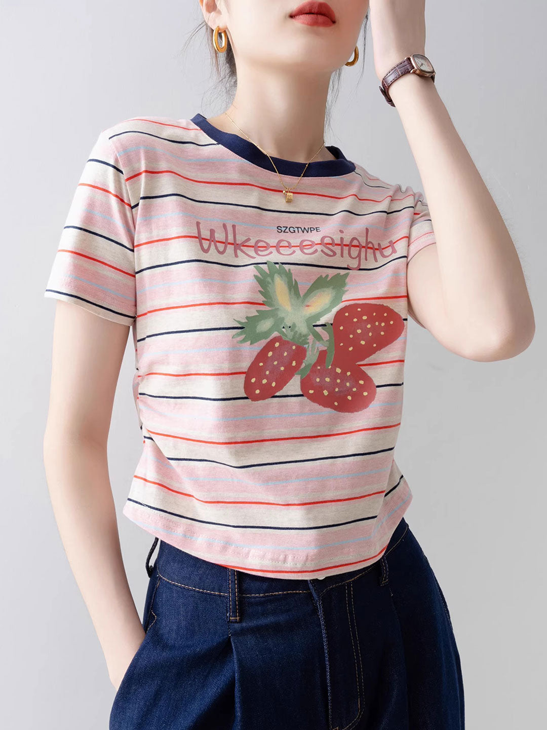 Brianna Cute Crew Neck Striped Printed Top