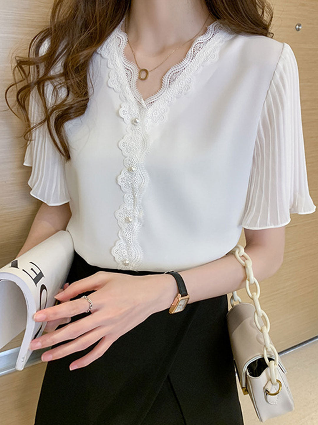 Elizabeth Classic V-Neck Lace Chiffon Top