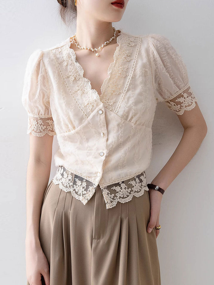 Anna Retro V-Neck Flare Sleeve Hollowed Lace Top