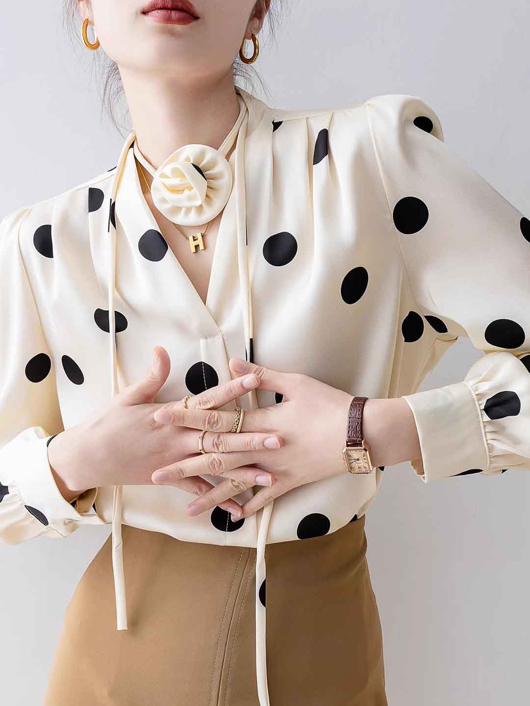 Faith Loose V-Neck Satin Polka Dot Shirt