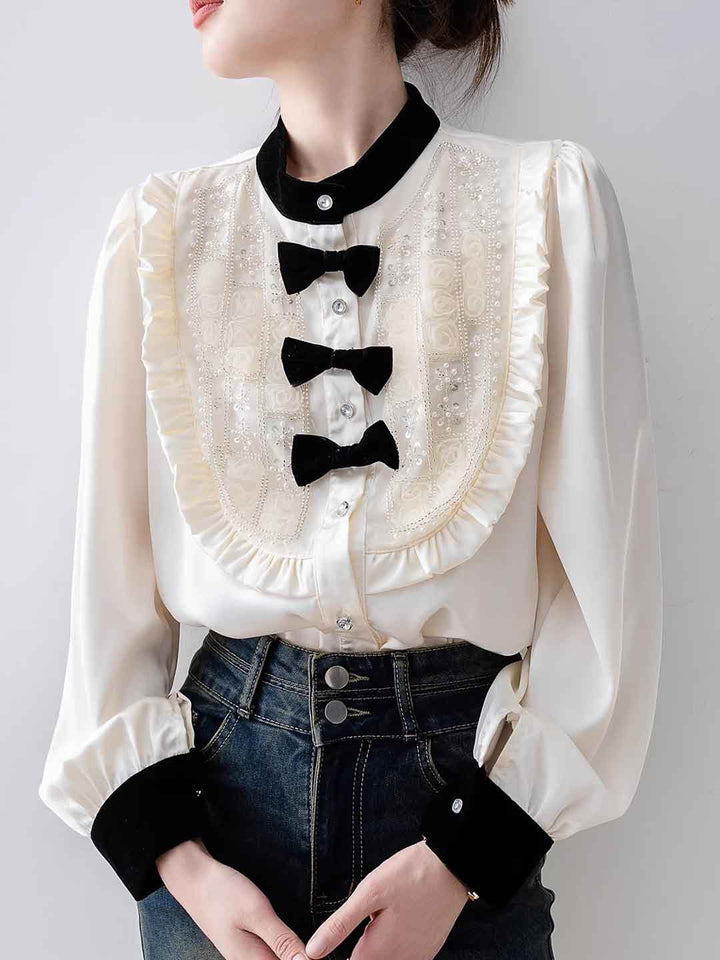 Mya Vintage Crew Neck Puffer Sleeve Satin Beaded Shirt