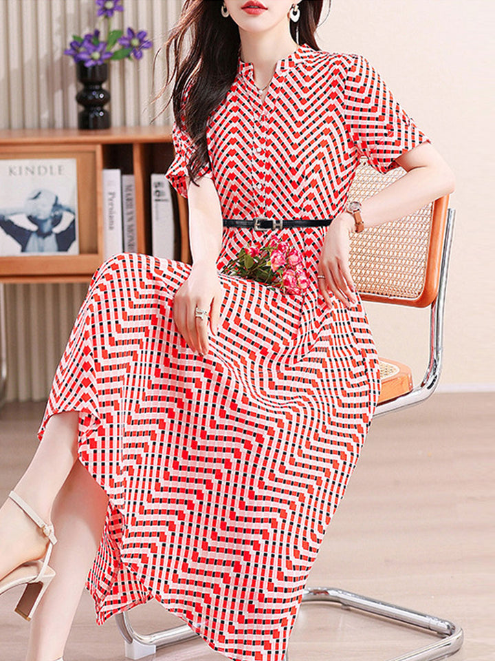 Caroline Casual V-neck Plaid Printed Chiffon Dress