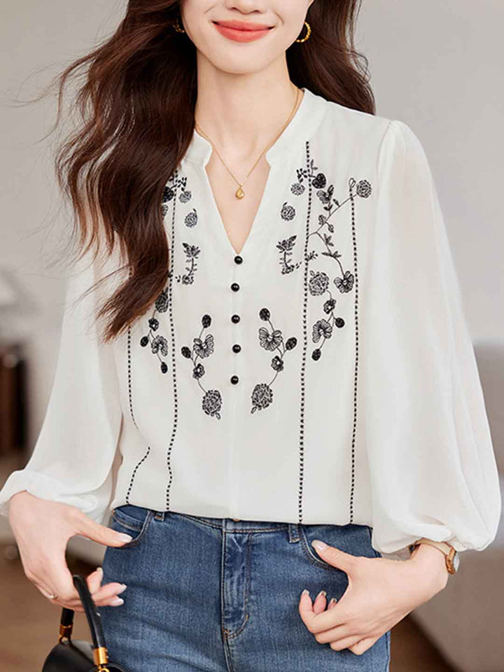 Sydney Loose V-Neck Lantern Sleeve Embroidered Chiffon Top