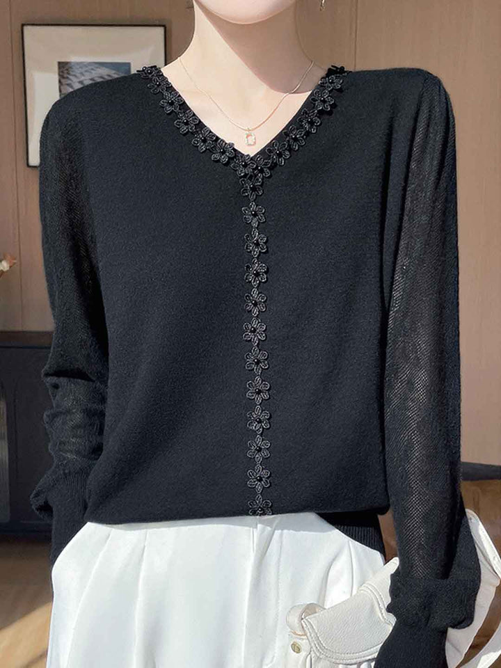 Hannah Classic V-Neck Lace Panel Knitted Top