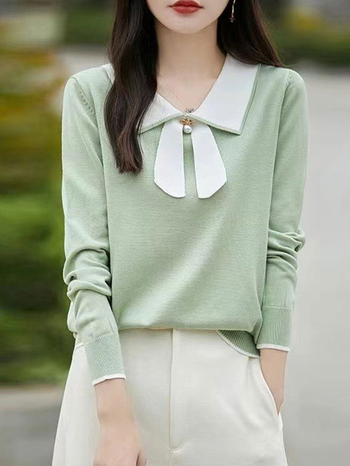 Natalie Cute Doll Collar Bow Colorblock Knitted Top