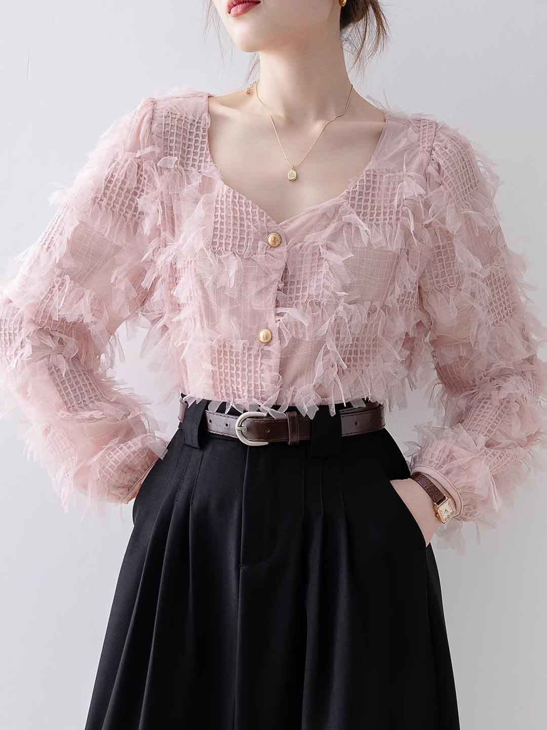 Madison Vacation Square Neck Tassel Lace Shirt