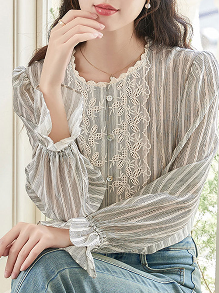 Jessica Vintage Mesh Embroidered Striped Lace Shirt