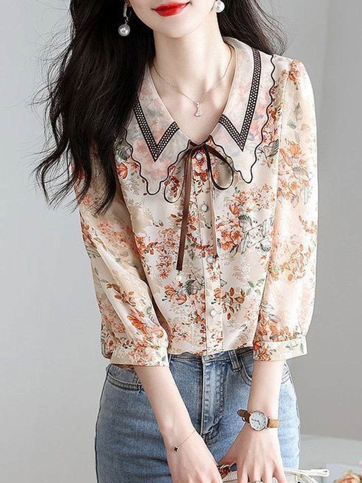 Rachel Classic Printed Floral Chiffon Shirt-Red