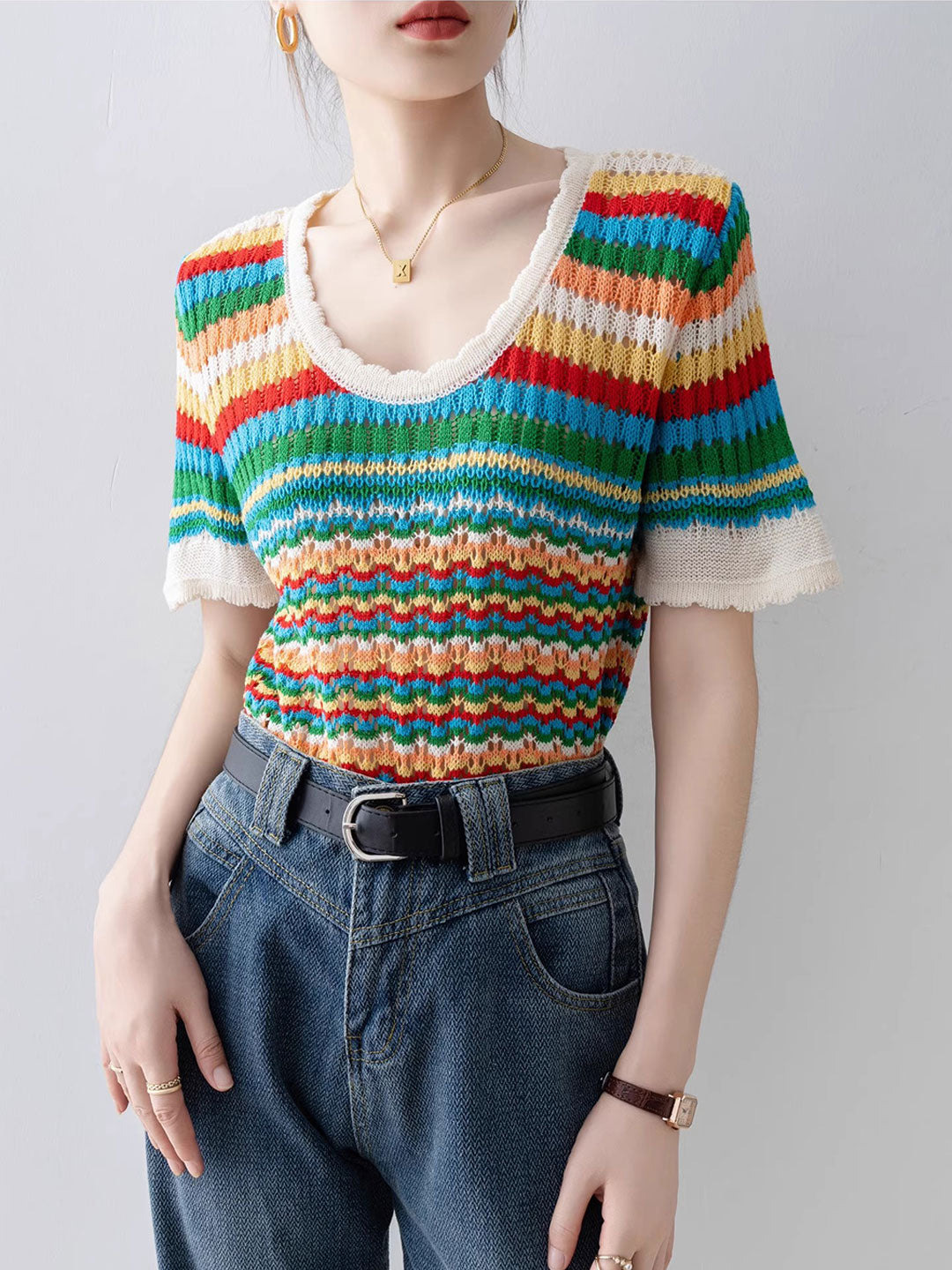 Nevaeh Classic Rainbow Striped Hollowed Knitted Top