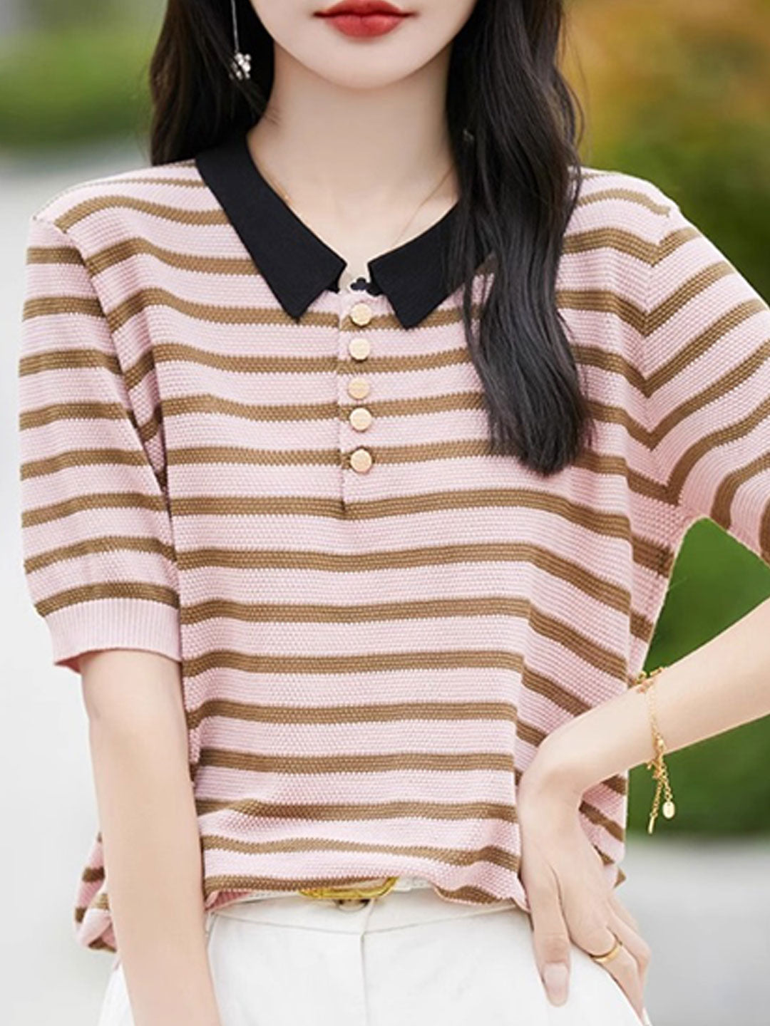 Mia Casual Polo Collar Striped Knitted Top