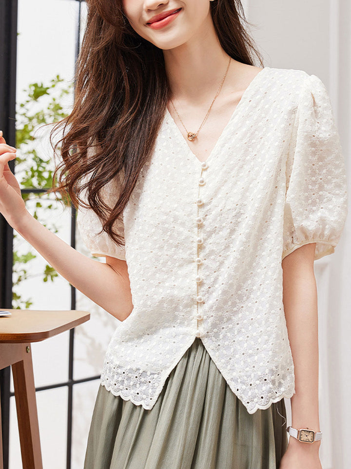 Mia Classic V-Neck Embroidered Hollowed Blouse