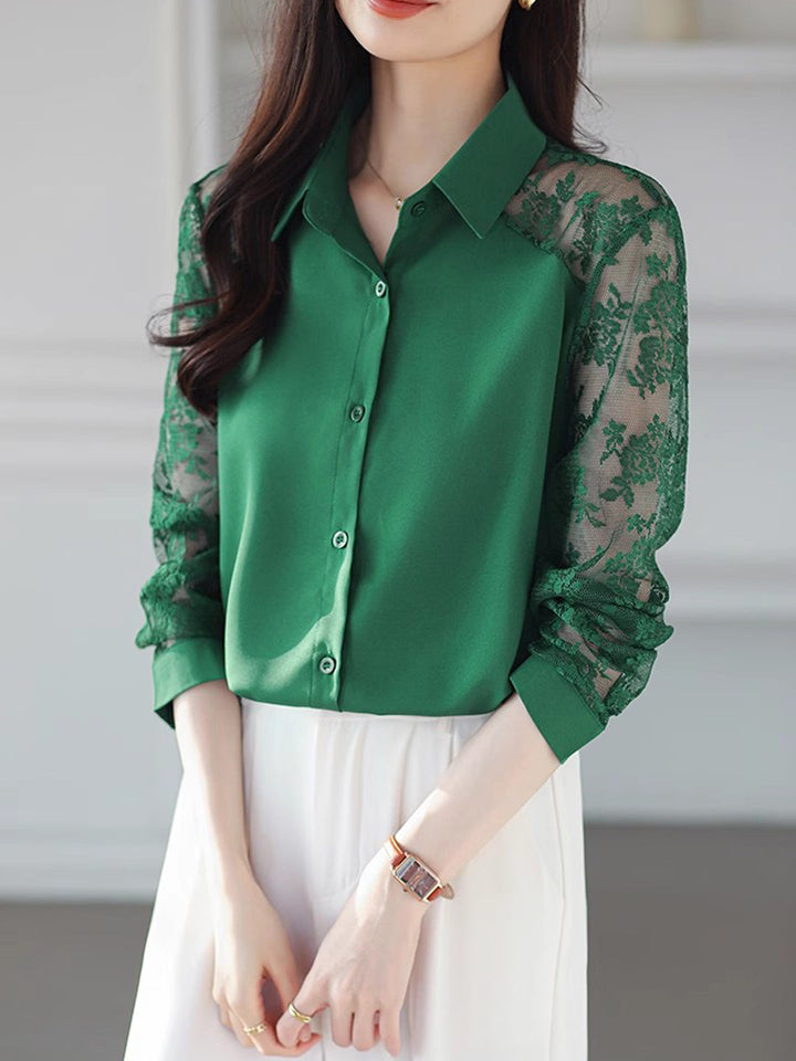 Sophie Loose Lapel Panel Lace Chiffon Shirt