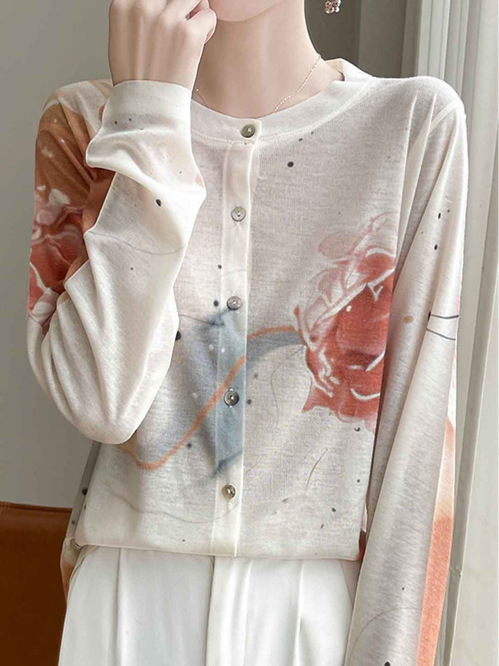 Lauren Casual Crew Neck Printed Knitted Cardigan