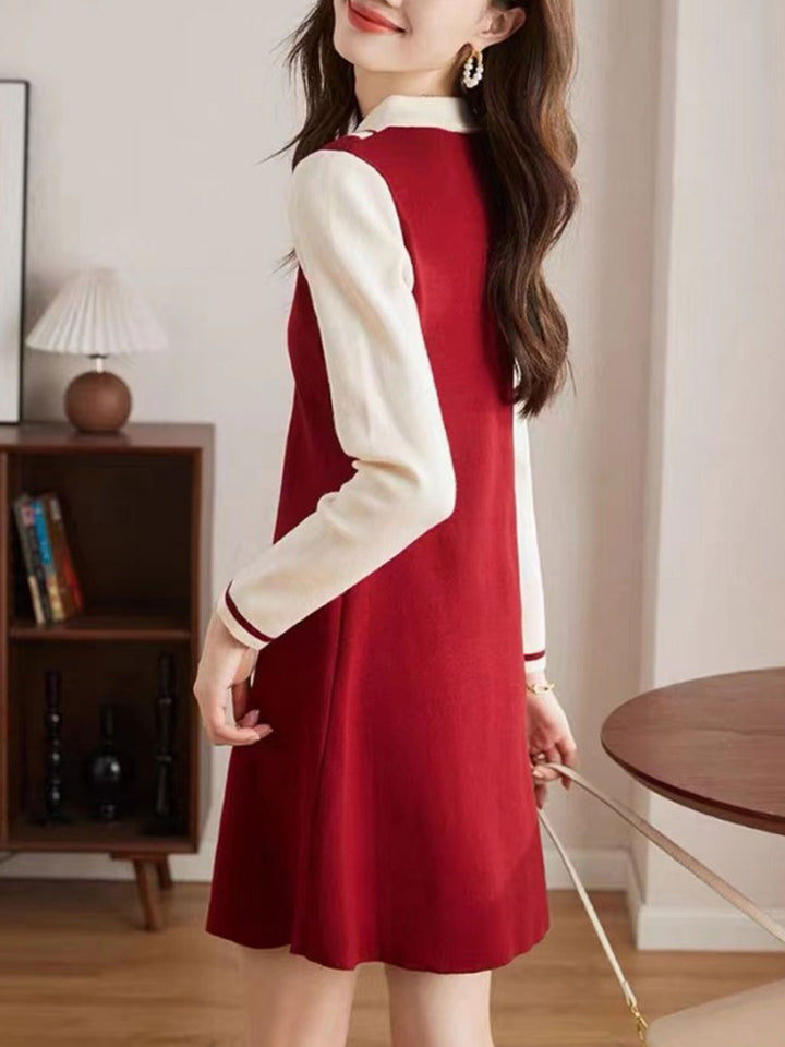 Ava Classic Lapel Collar Contrasted Knitted Dress