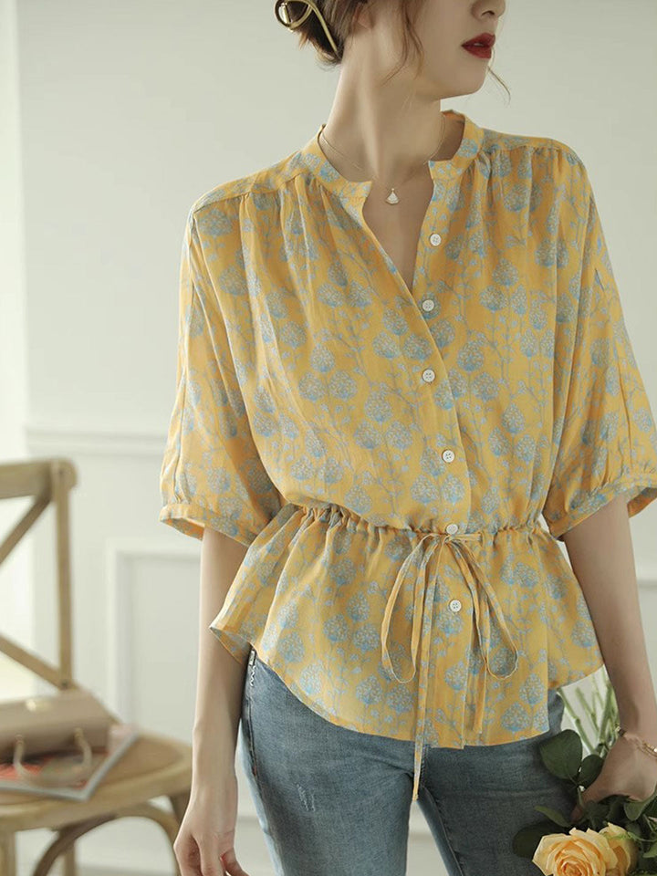 Sophia Loose V-Neck Floral Printed Blouse