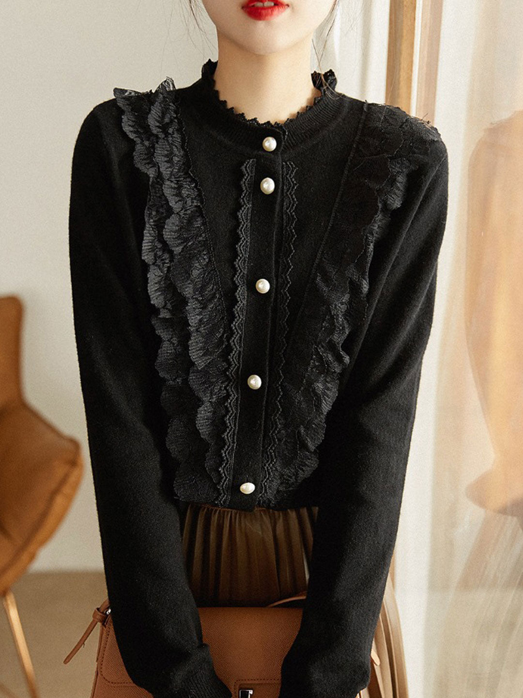 Sarah Elegant Crew Neck Lace Crochet Knitted Cardigan