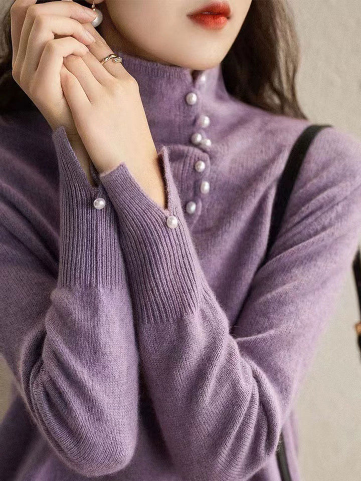 Ava Vintage Buttoned Turtleneck Knitted Sweater-Purple