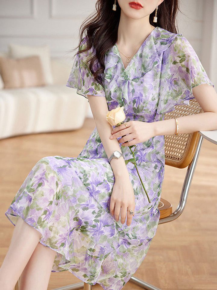 Joyce V-Neck Floral Printed Ruffle Maxi Tea Dress