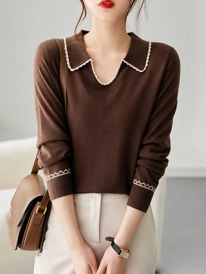 Taylor Classic Contrast Lapel Knitted Sweater-Coffee