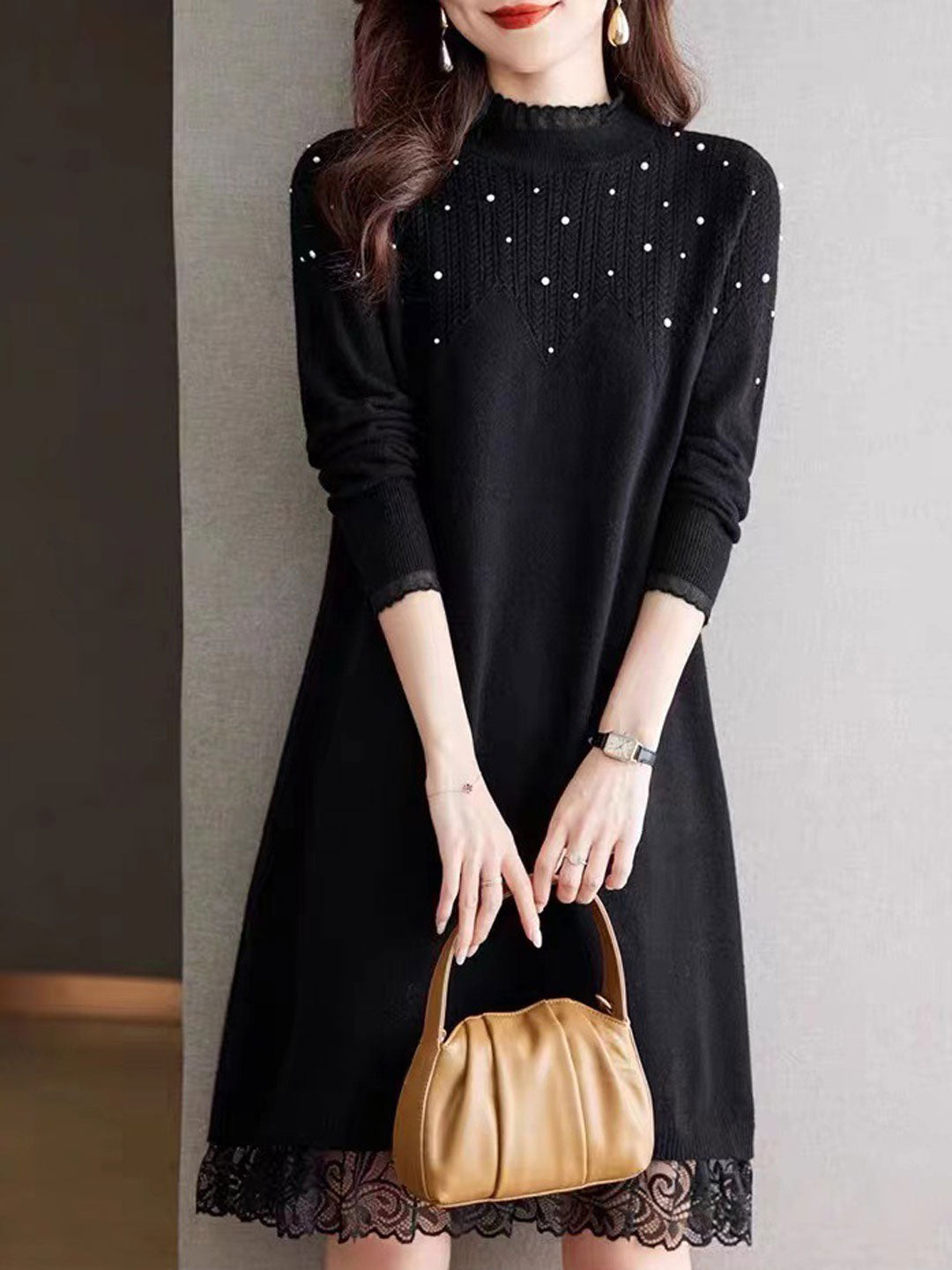 Mariah Elegant Crew Neck Beaded Knitted Dress