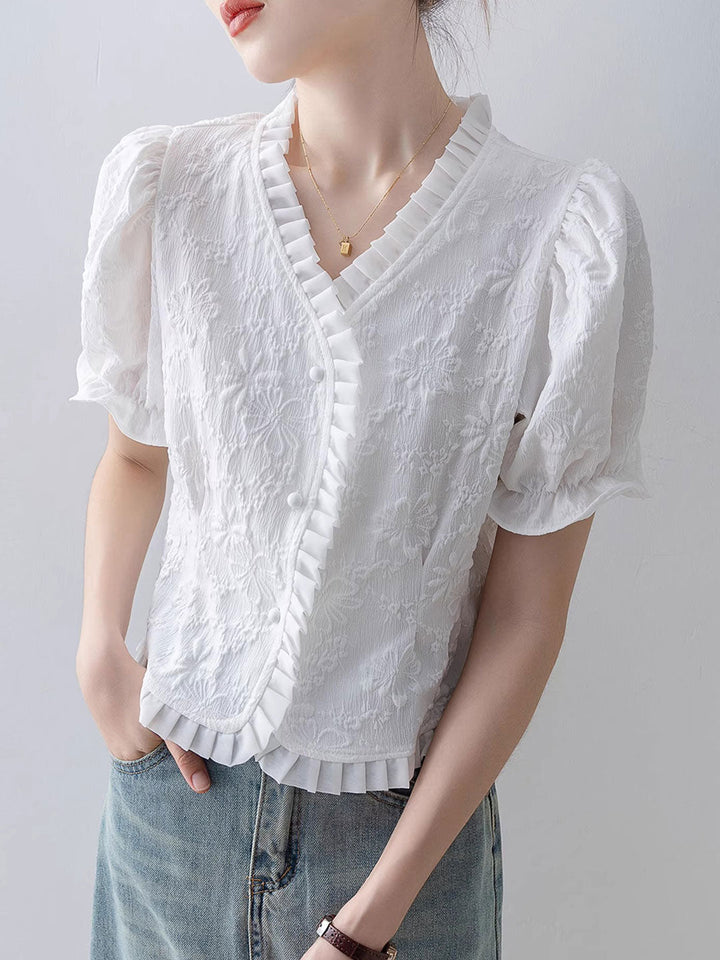 Bailey Retro V-Neck Puff Sleeve Auricular Top