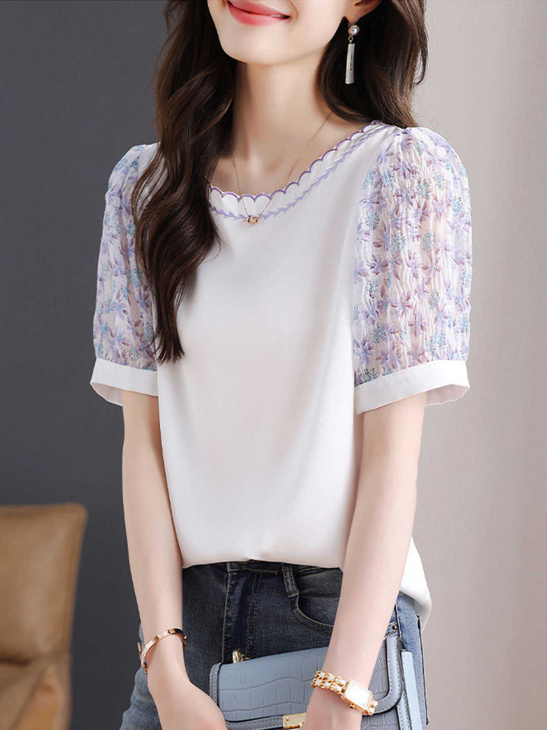 Chloe Classic Crew Neck Embroidered Floral Chiffon Top