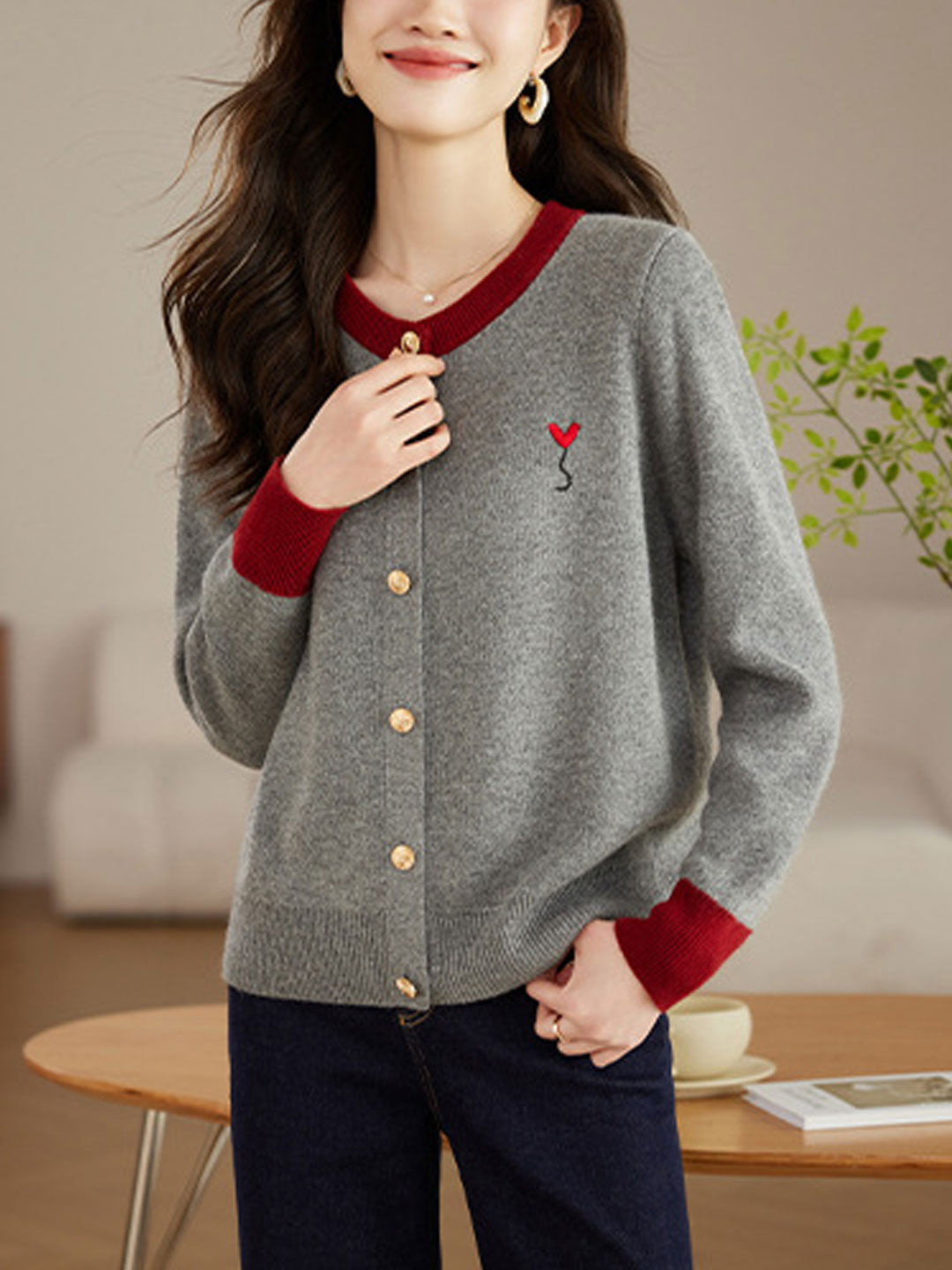 Ruby Loose Crew Neck Contrast Embroidered Knitted Cardigan