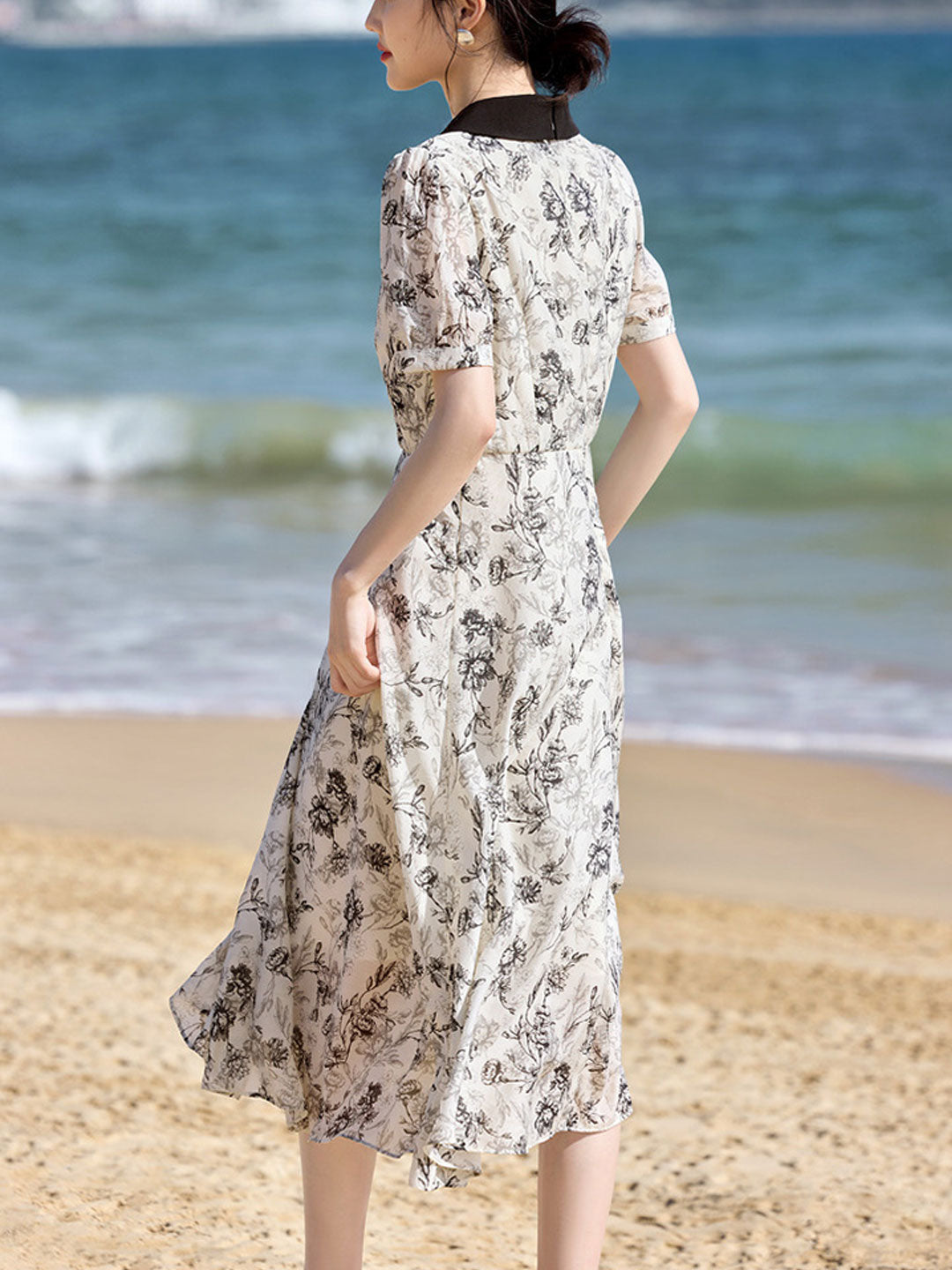 Brooke Elegant Lapel Floral Printed Chiffon Dress