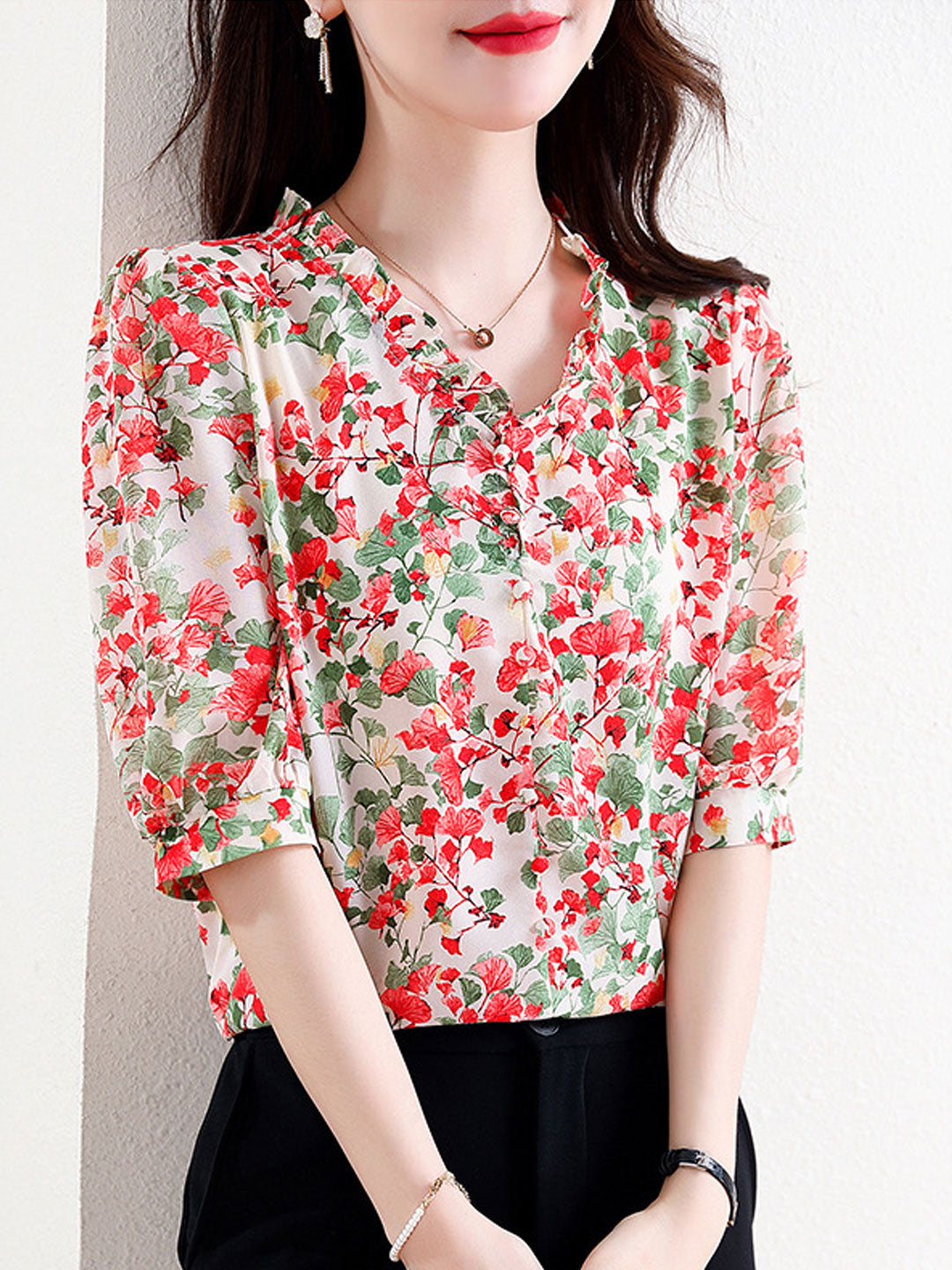 Mia Vacation V-Neck Ruffled Floral Chiffon Top