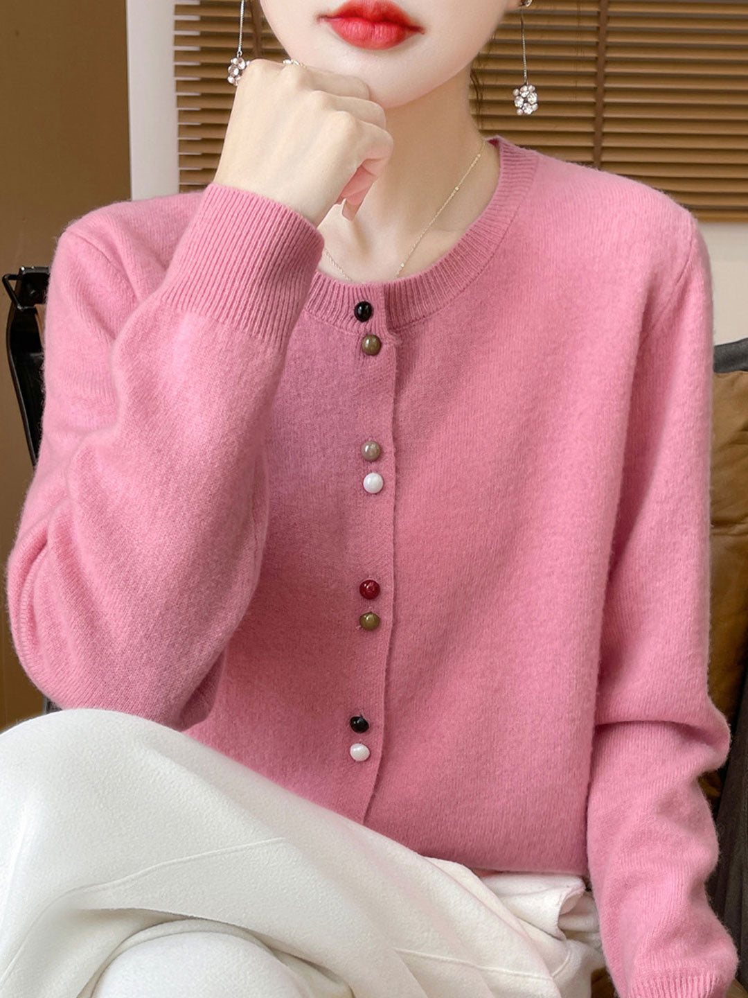 Mya Loose Crew Neck Solid Color Knitted Cardigan-Pink