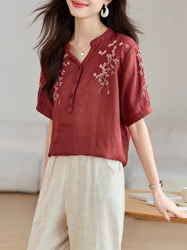 Sarah Classic V-Neck Embroidered Printed Top