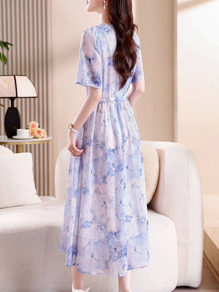 Mariah Classic V-neck Printed Tie Chiffon Dress