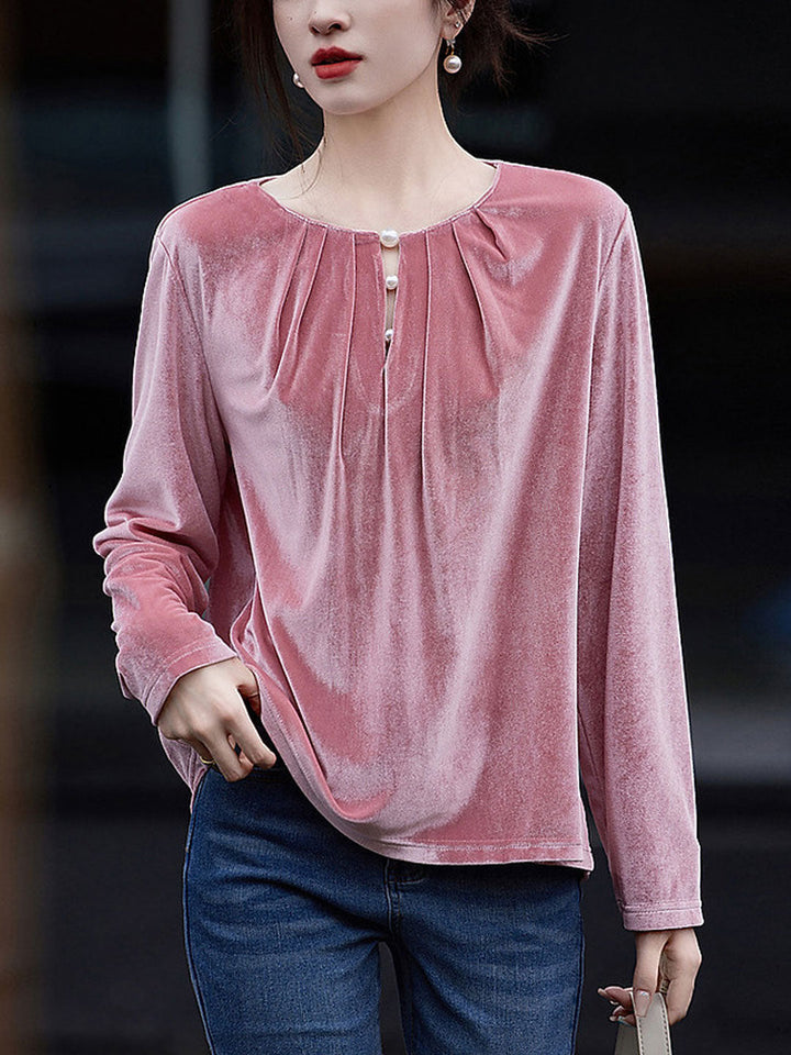 Madison Casual Crew Neck Puff Sleeve Pearl Top