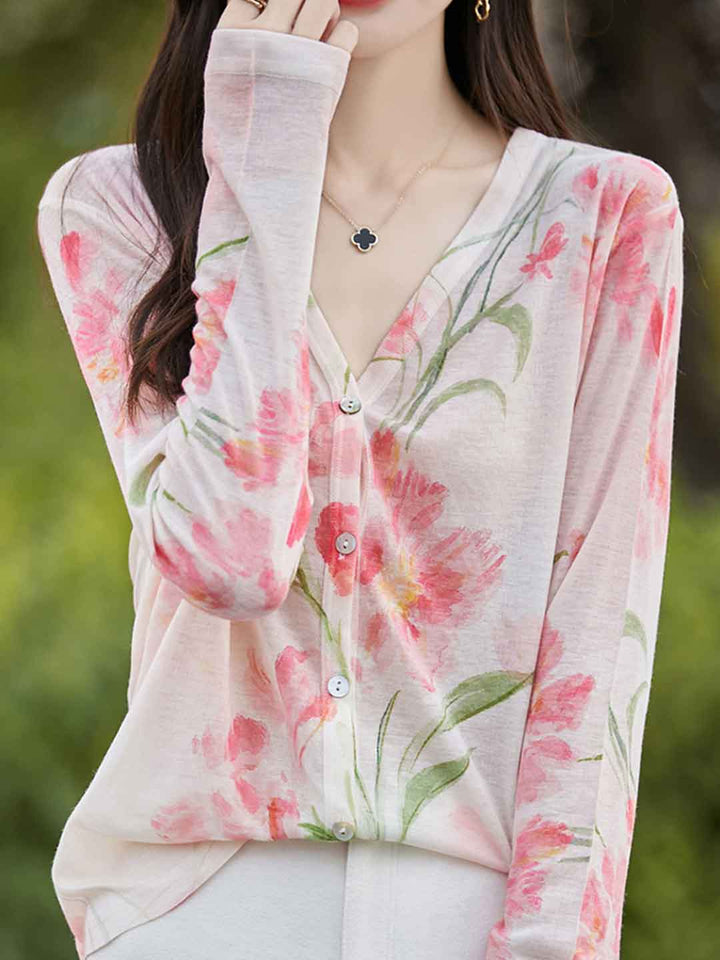 Sarah Loose V-Neck Printed Cardigan