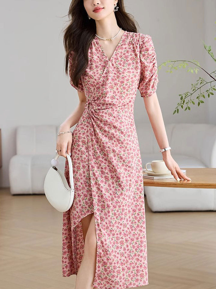 Bella Elegant V-Neck Floral Printed Silk Dress