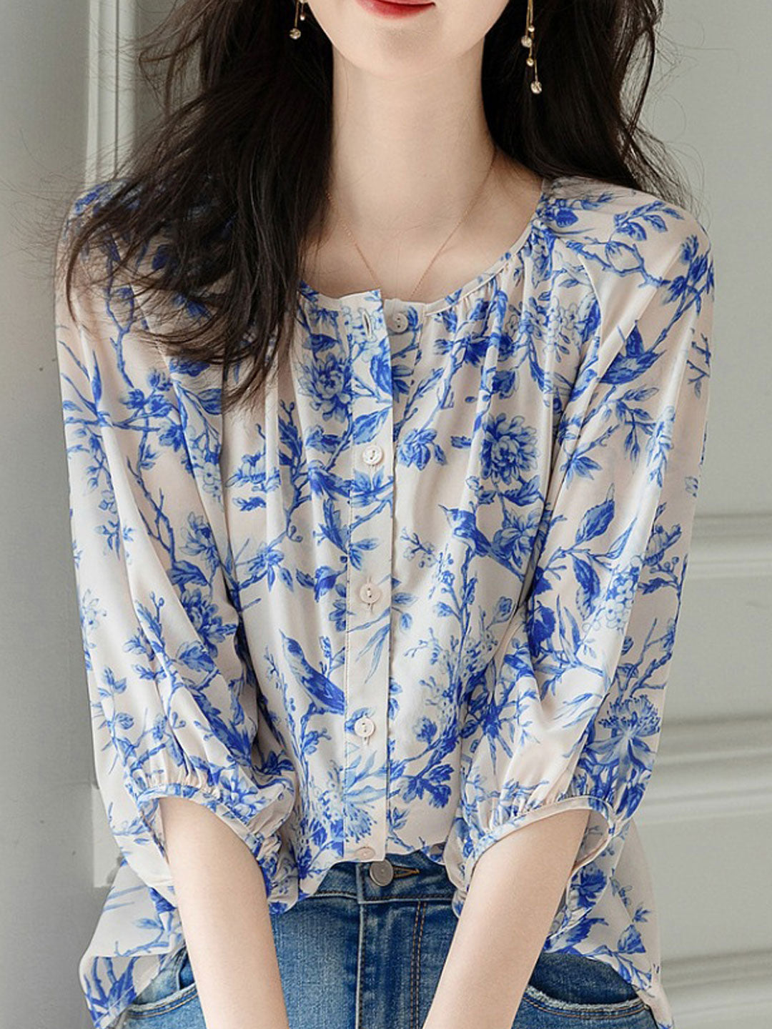 Jessica Elegant Crew Neck Puff Sleeve Printed Chiffon Top