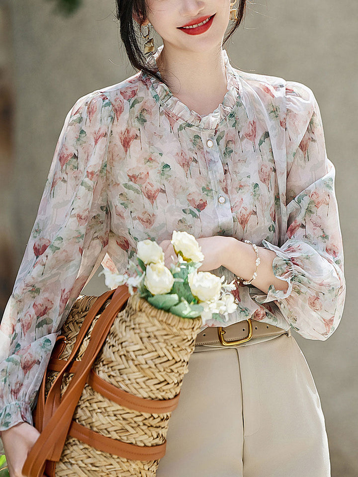 Zoe Classic Floral Ruffled Chiffon Shirt