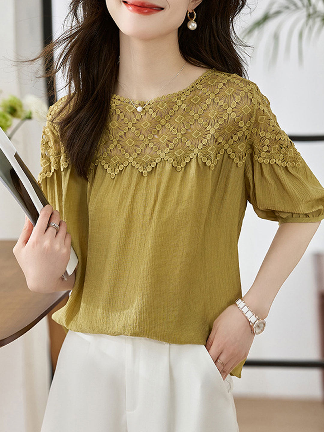 Sophie Loose Chiffon Lace Blouse-Khaki