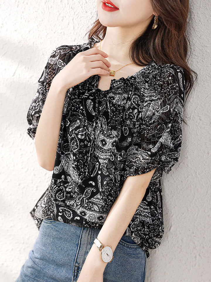 Hannah Loose Crew Neck Auricular Printed Top