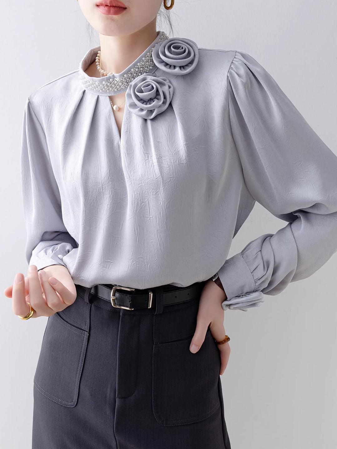 Bella Loose Solid Color Beaded Flower Embossed Shirt